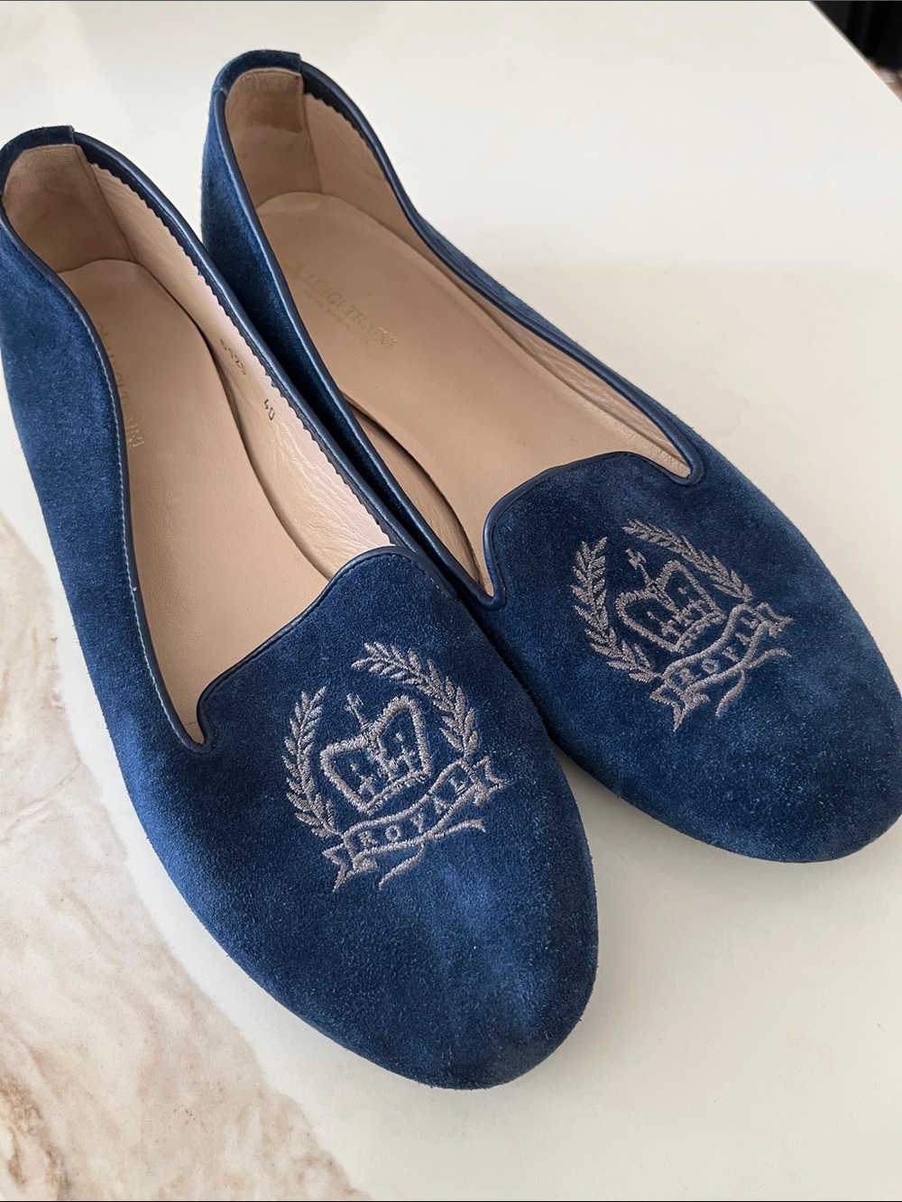 Luigi Traini Women's Dark Royal Blue Suede Embroidered Loafers made in Italy 🇮🇹